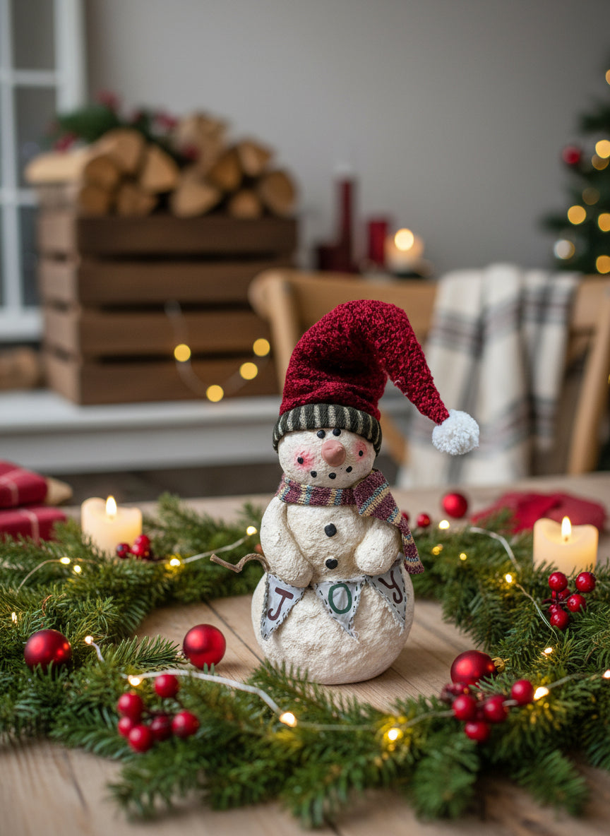 Primitive Christmas 10” Snowman w Joy Banner - The Primitive Pineapple Collection