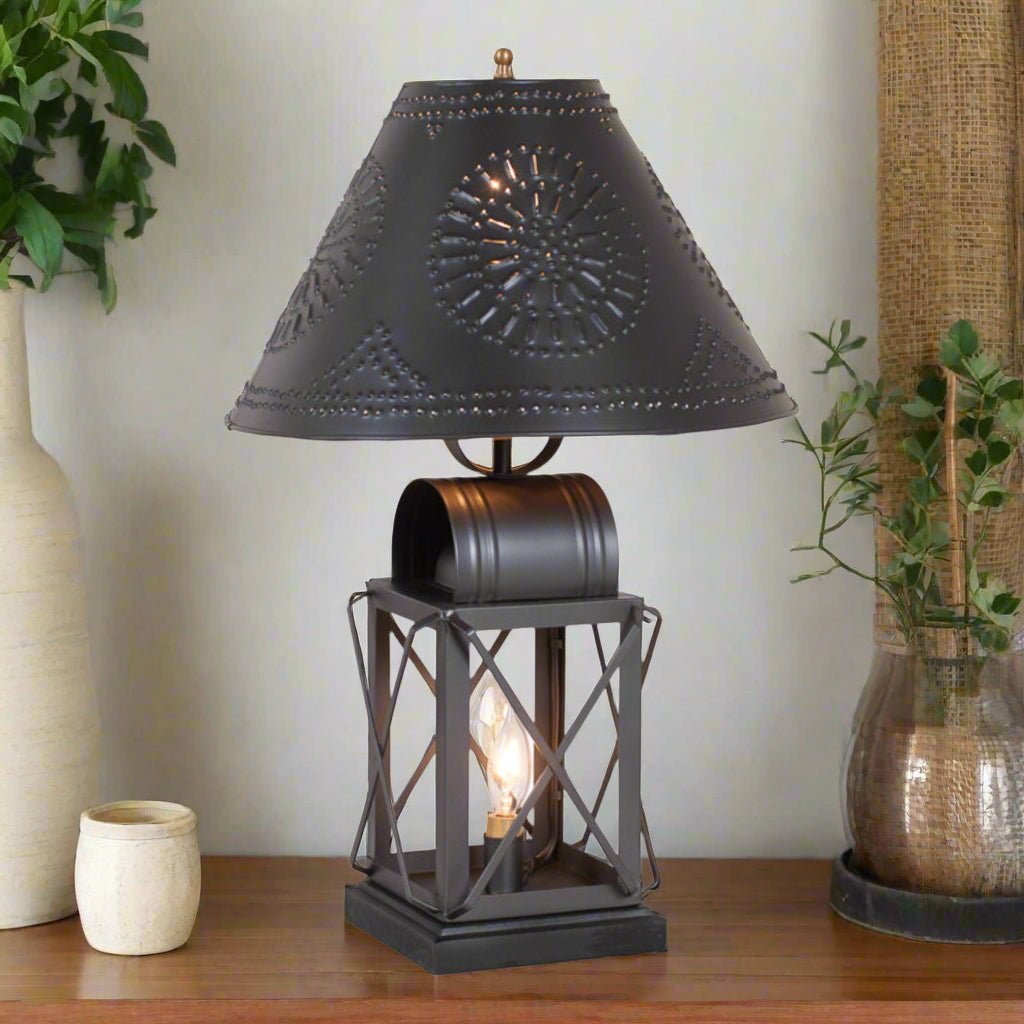 Primitive Colonial Keeping Room Lamp in Smokey Black with Metal Chisel Shade - The Primitive Pineapple Collection