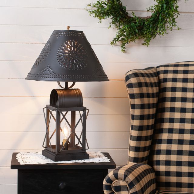 Primitive Colonial Keeping Room Lamp in Smokey Black with Metal Chisel Shade - The Primitive Pineapple Collection