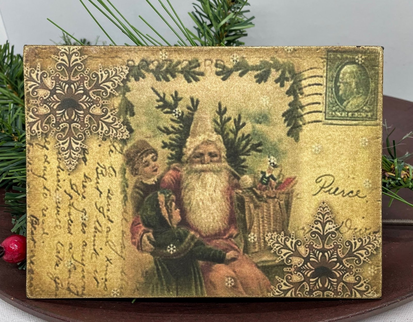 Christmas Handmade Vintage Postcard 5”x7 Canvas Plaque Kids with Santa - The Primitive Pineapple Collection