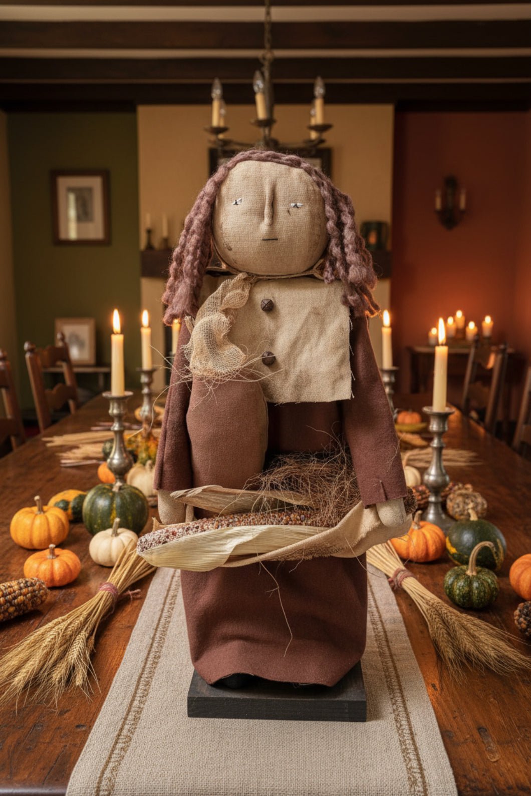 Primitive Handcrafted Thanksgiving Pilgrim Woman w/ Corn Doll on Stand 19" | Folk Art - The Primitive Pineapple Collection