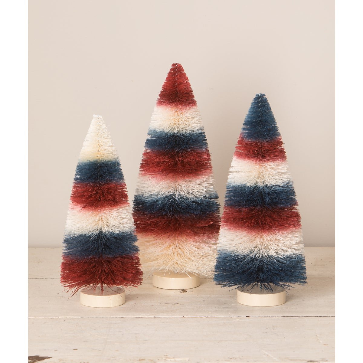 Bethany Lowe Americana 3 pc Striped Red,White Blue Bottle Brush Trees - The Primitive Pineapple Collection