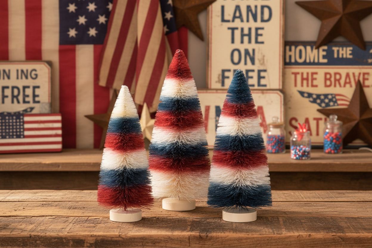 Bethany Lowe Americana 3 pc Striped Red,White Blue Bottle Brush Trees - The Primitive Pineapple Collection
