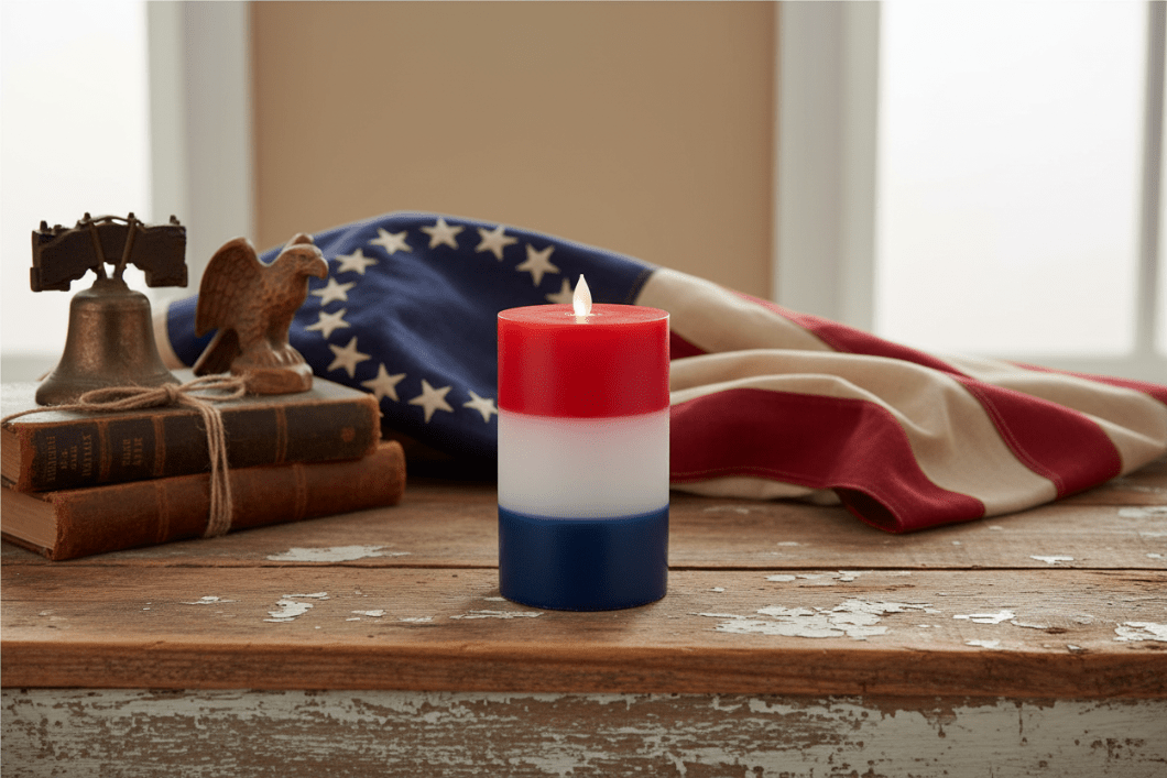 Americana 3.5" x 6" Red White and Blue Flickering Flameless LED Candle timer - The Primitive Pineapple Collection