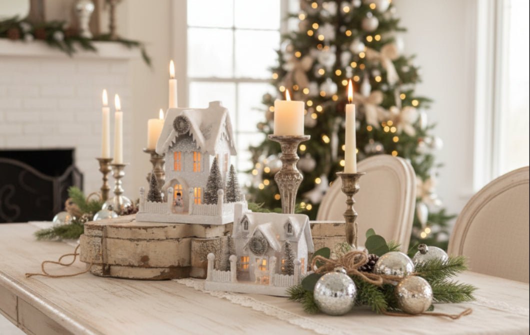 Christmas Bethany Lowe Ivory Cottage 2pc Putz Style Houses LG1772S - The Primitive Pineapple Collection