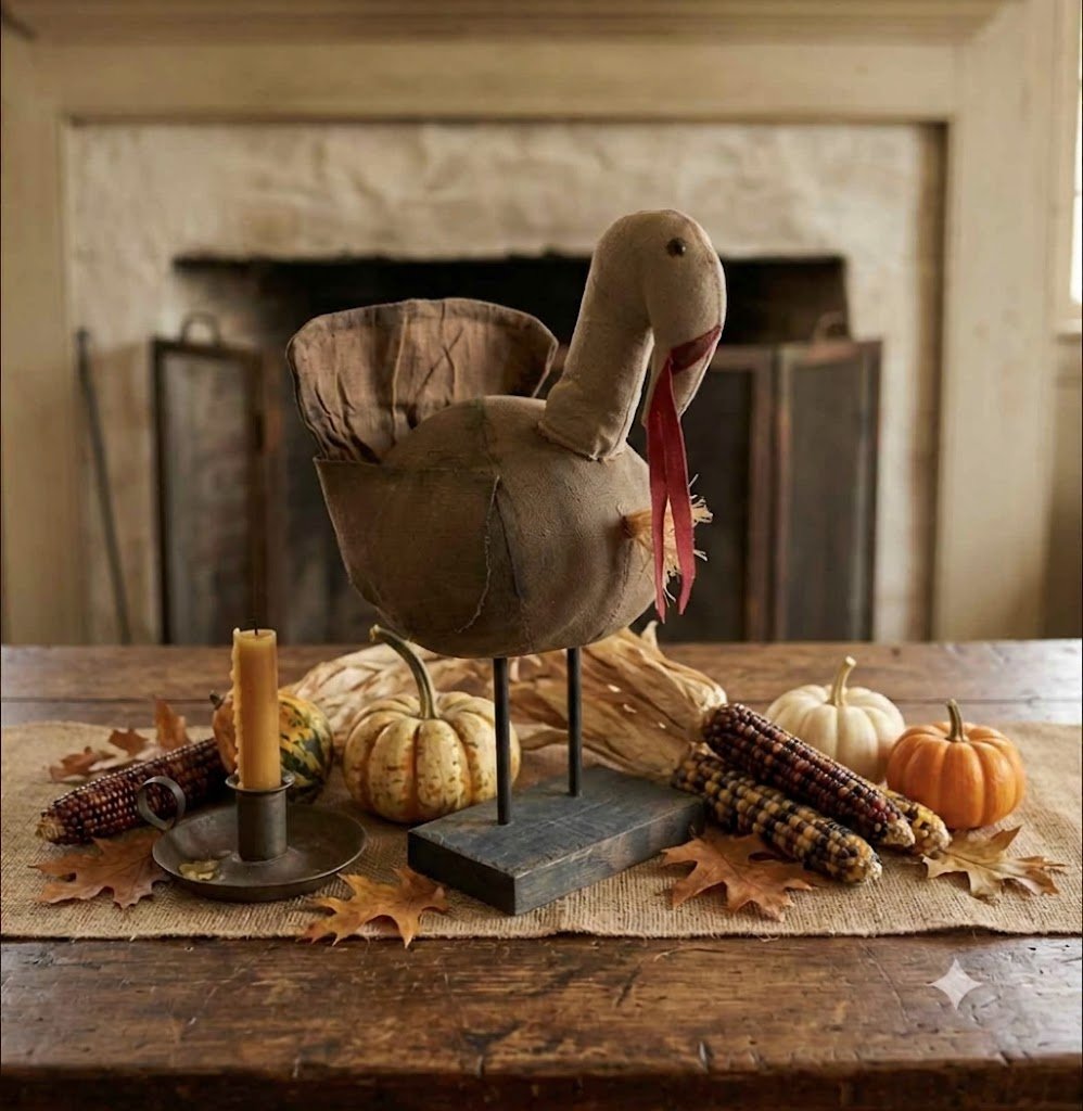 Primitive Handcrafted Thanksgiving Large Turkey on Stand 14" | Folk Art - The Primitive Pineapple Collection