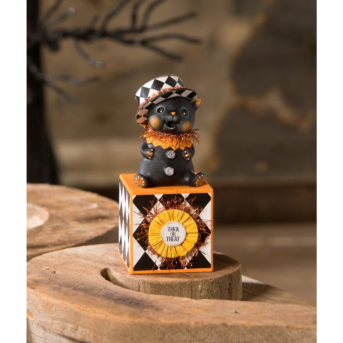 Bethany Lowe Halloween Top Hat Kitty on Block MA3078 - The Primitive Pineapple Collection