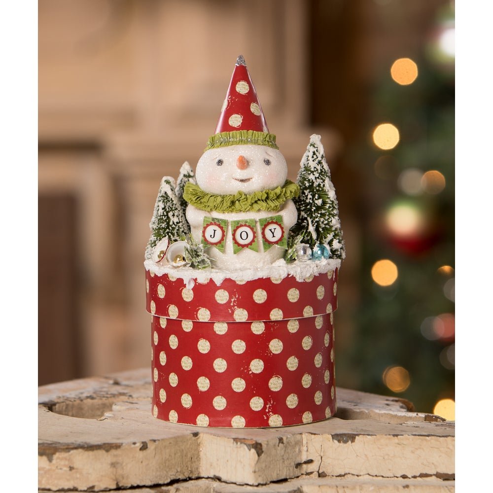 Bethany Lowe Christmas Joy Snowman on Box MA3081 - The Primitive Pineapple Collection