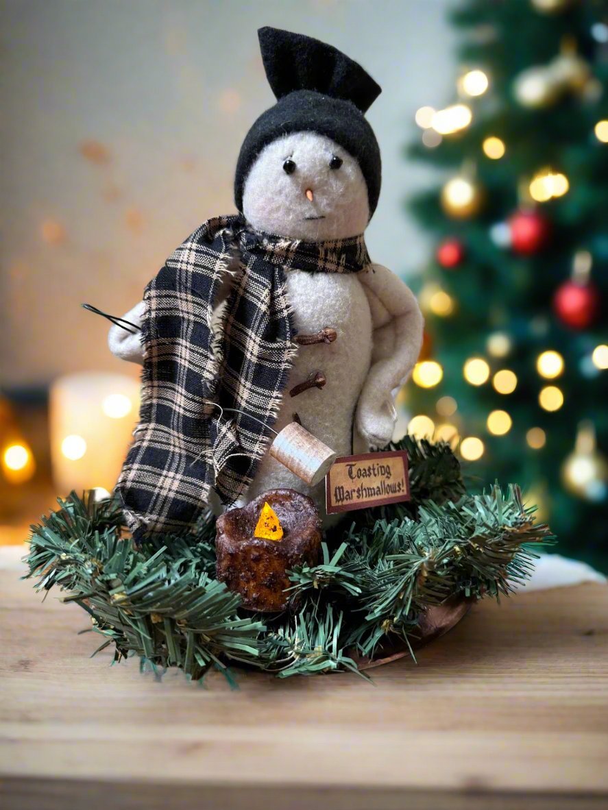 Primitive Christmas Handcrafted USA Snowman Roasting Marshmallows w/Tea Light 9" - The Primitive Pineapple Collection
