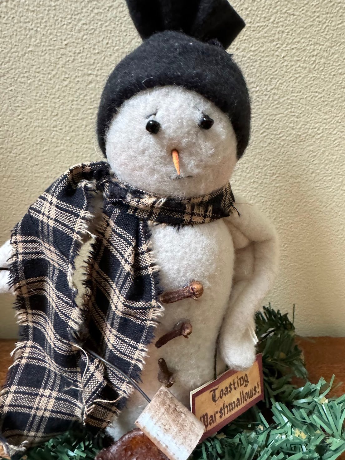 Primitive Christmas Handcrafted USA Snowman Roasting Marshmallows w/Tea Light 9" - The Primitive Pineapple Collection