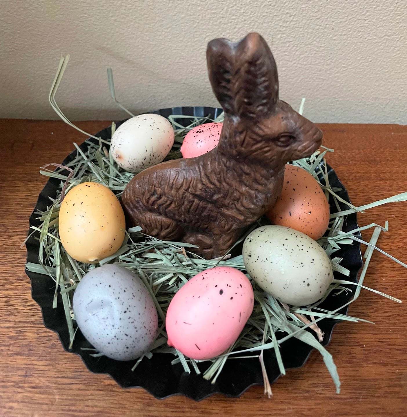 Primitive Spring Faux Chocolate Bunny / Primitive Grass/Easter Egg/Tin Pan Set - The Primitive Pineapple Collection
