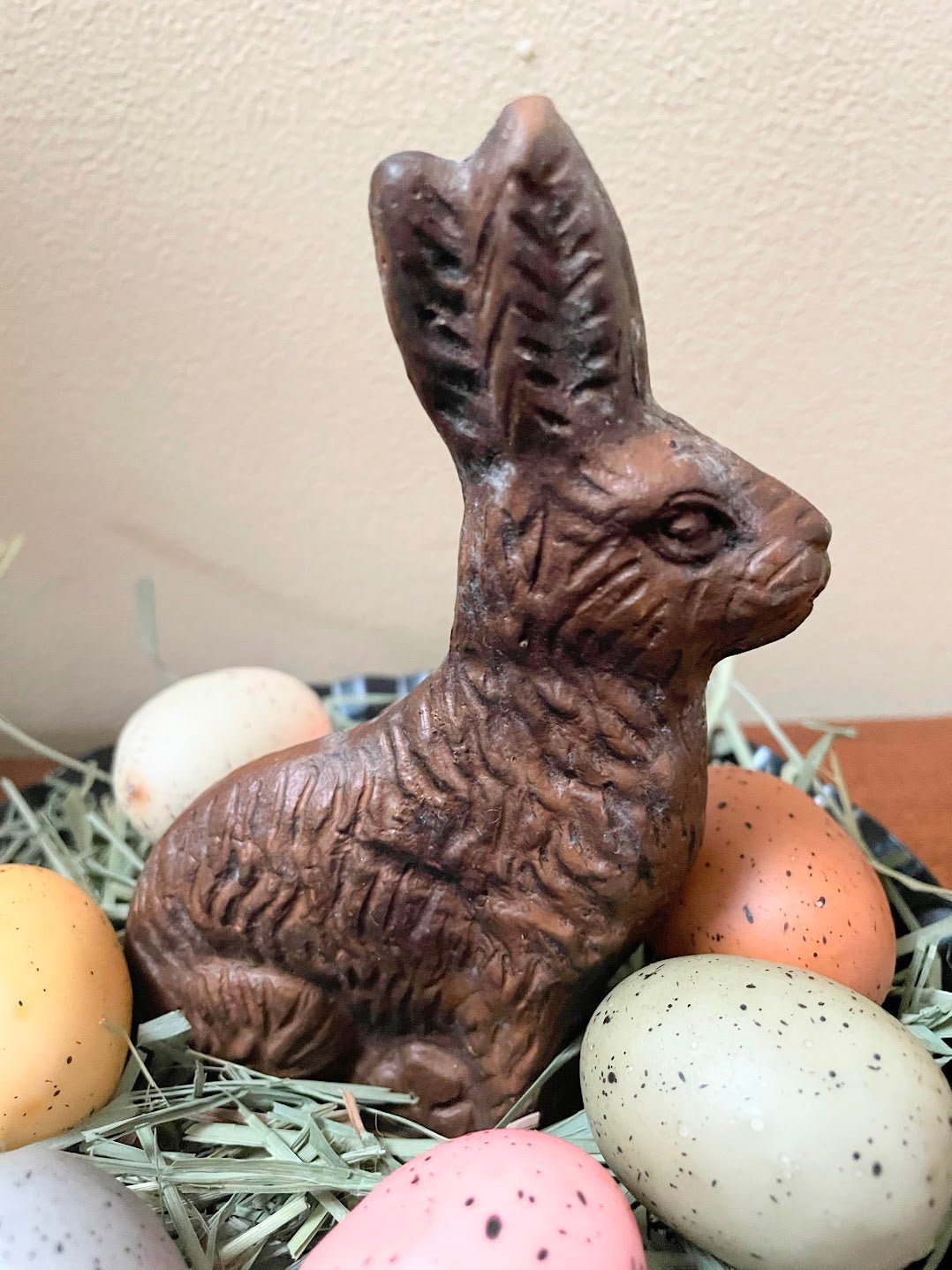 Primitive Spring Faux Chocolate Bunny / Primitive Grass/Easter Egg/Tin Pan Set - The Primitive Pineapple Collection