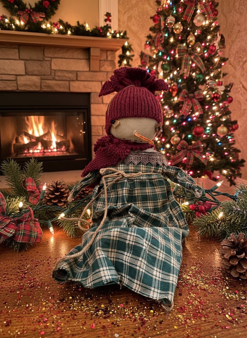 Primitive Christmas Handcrafted Merry Snow Girl Doll w/ Hat 12" - The Primitive Pineapple Collection