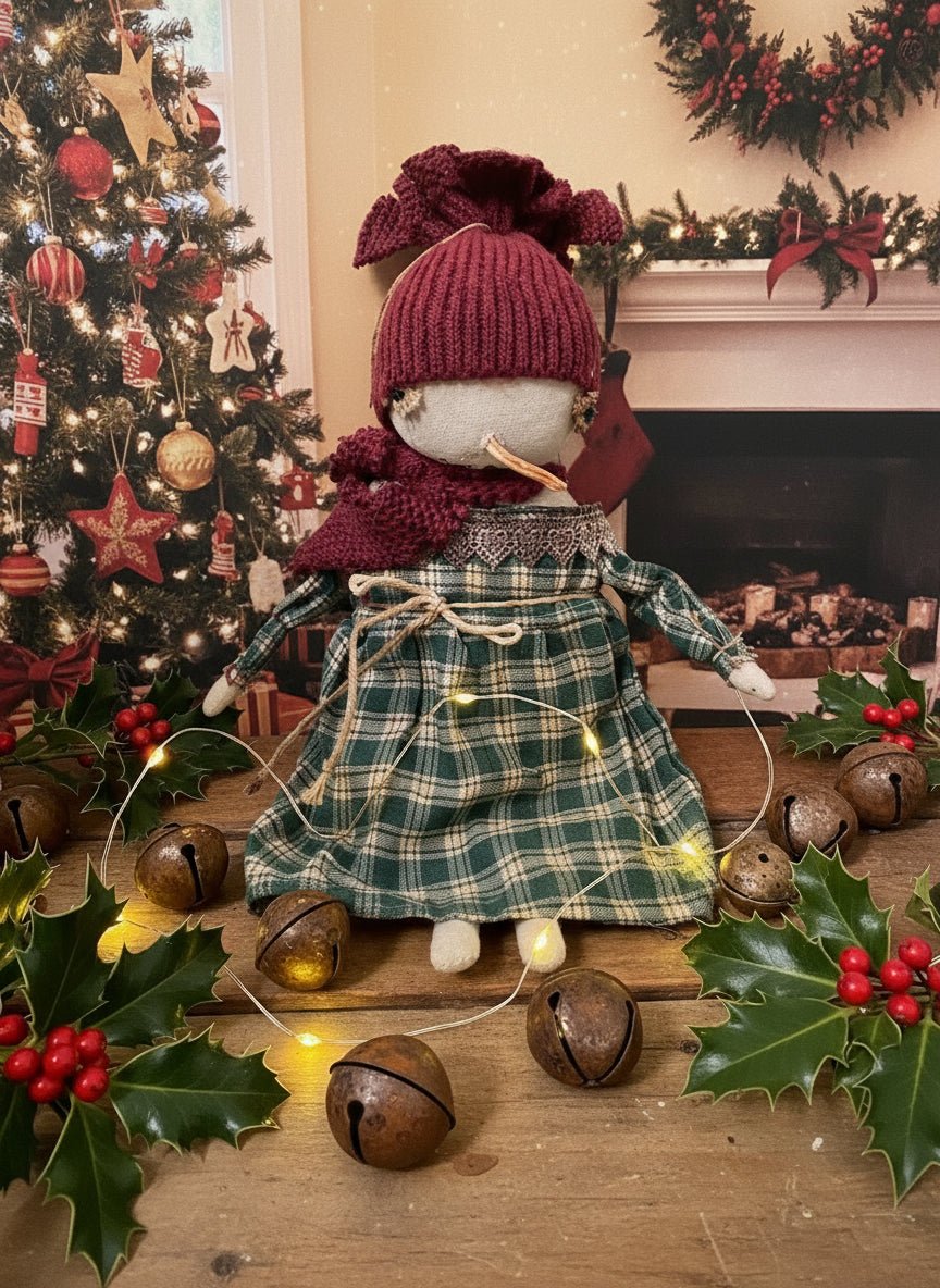 Primitive Christmas Handcrafted Merry Snow Girl Doll w/ Hat 12" - The Primitive Pineapple Collection