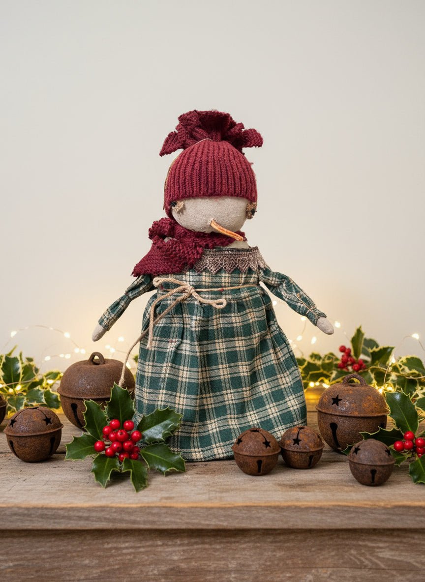 Primitive Christmas Handcrafted Merry Snow Girl Doll w/ Hat 12" - The Primitive Pineapple Collection