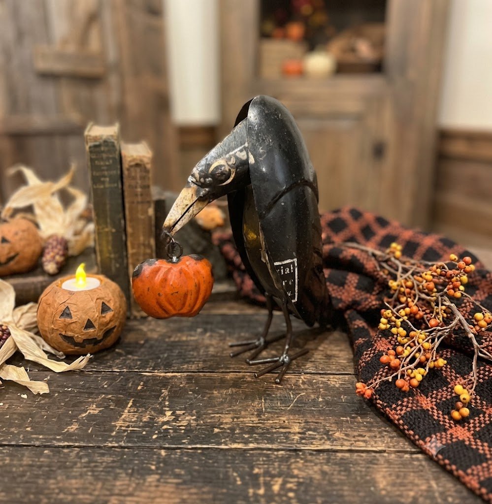 Recycled Metal Black Raven Crow with Pumpkin 11.5" | Primitive Halloween Decor - The Primitive Pineapple Collection