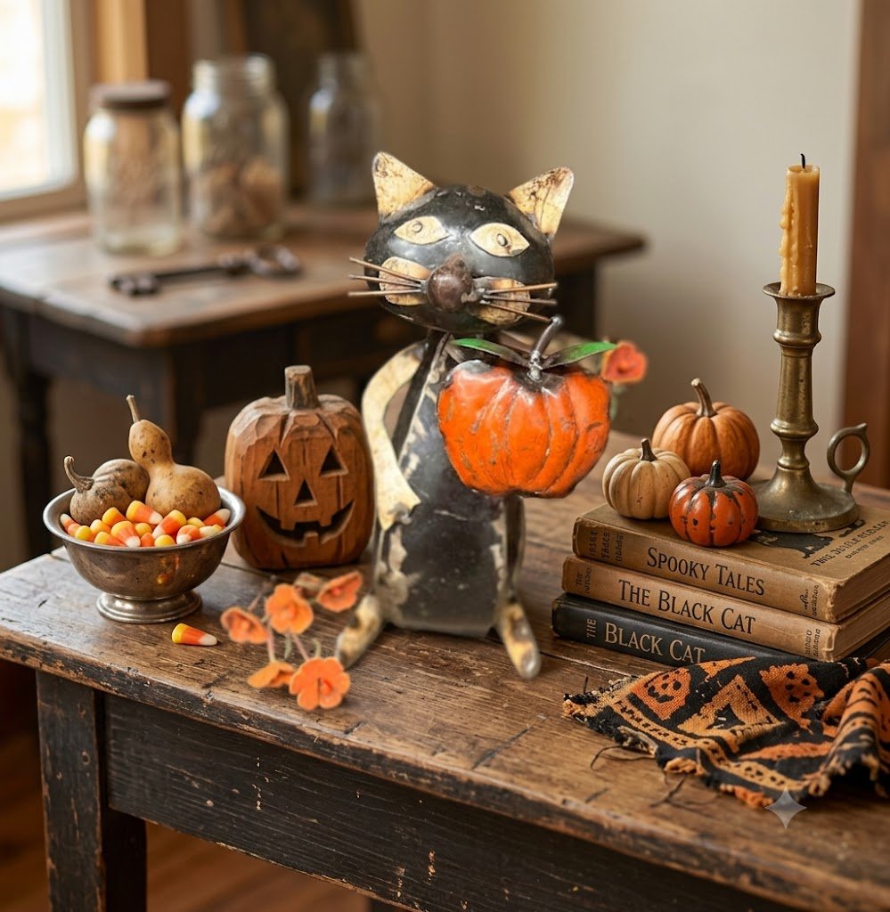 Primitive Halloween Recycled Metal Black Cat with Pumpkin 9" - The Primitive Pineapple Collection