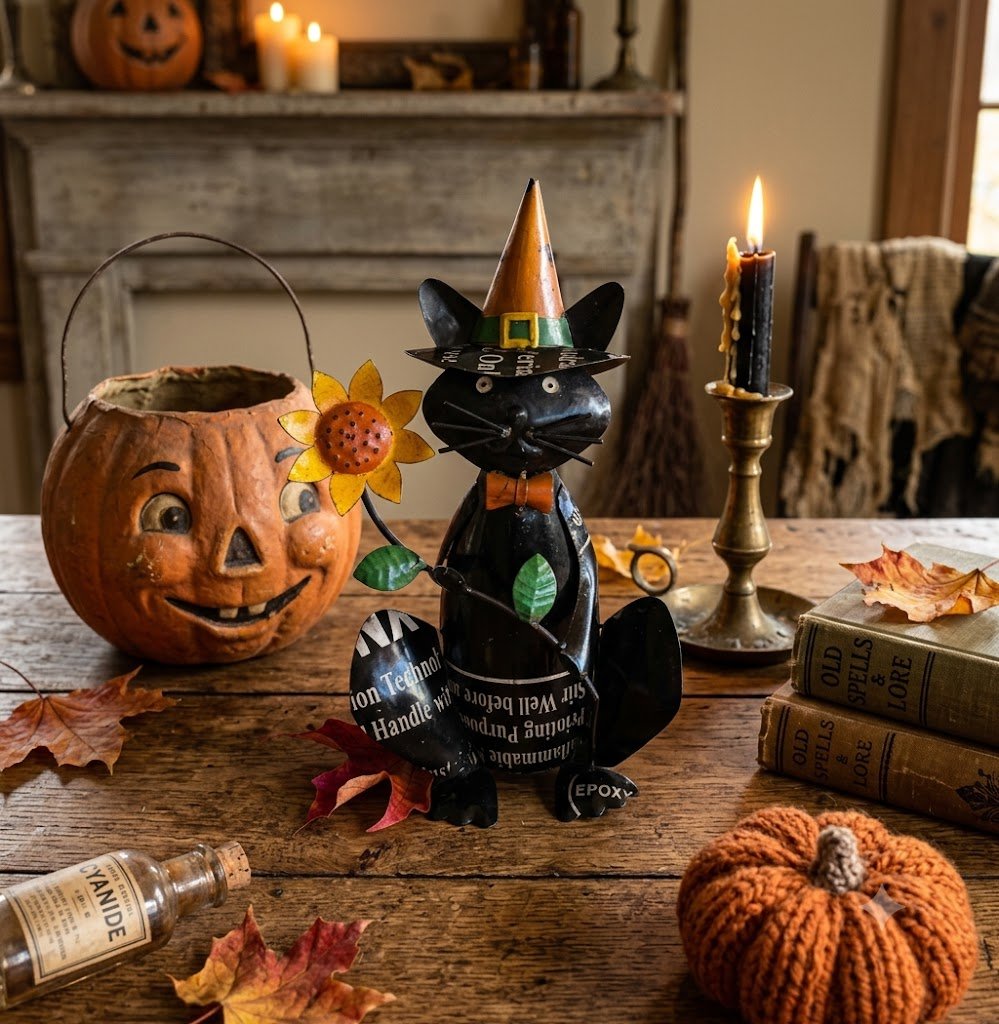 Primitive Halloween Recycled Metal Jinx Witch Cat Figurine Vintage Look - The Primitive Pineapple Collection