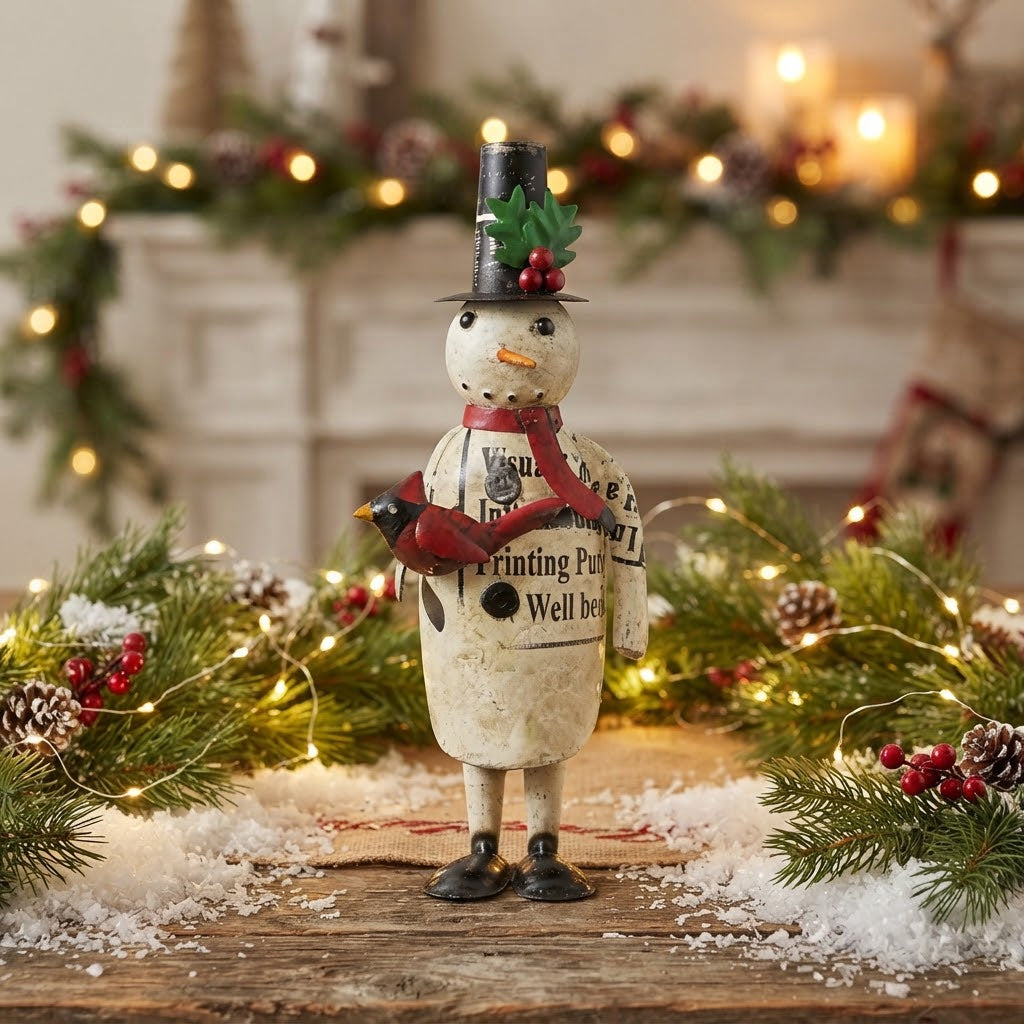 Primitive Christmas 12" Recycled Metal Wes Snowman with Top Hat Figurine