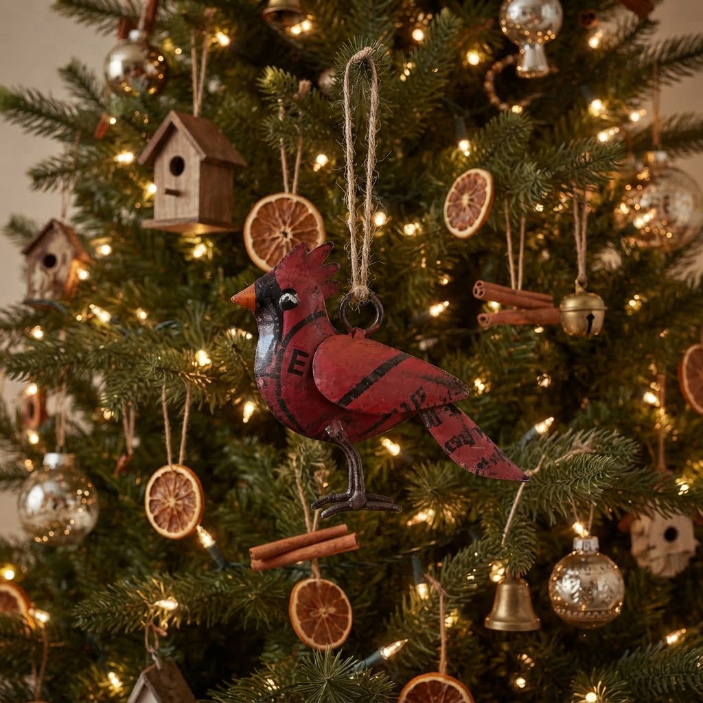 Primitive Christmas Recycled Metal Cardinal Ornament, 3"