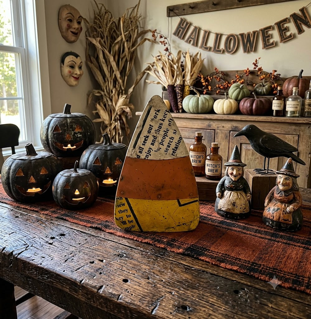 Primitive Halloween Recycled Metal Large Candy Corn Figurine