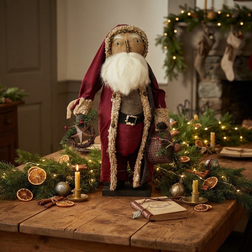 Mr. Claus with Wreath & Pantry Box 21" Handcrafted Folk Art Doll - The Primitive Pineapple Collection