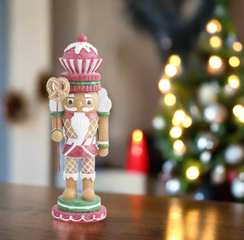 Primitive Christmas Glittered Gingerbread Nutcracker w/ Cupcake Hat 12.5" - The Primitive Pineapple Collection