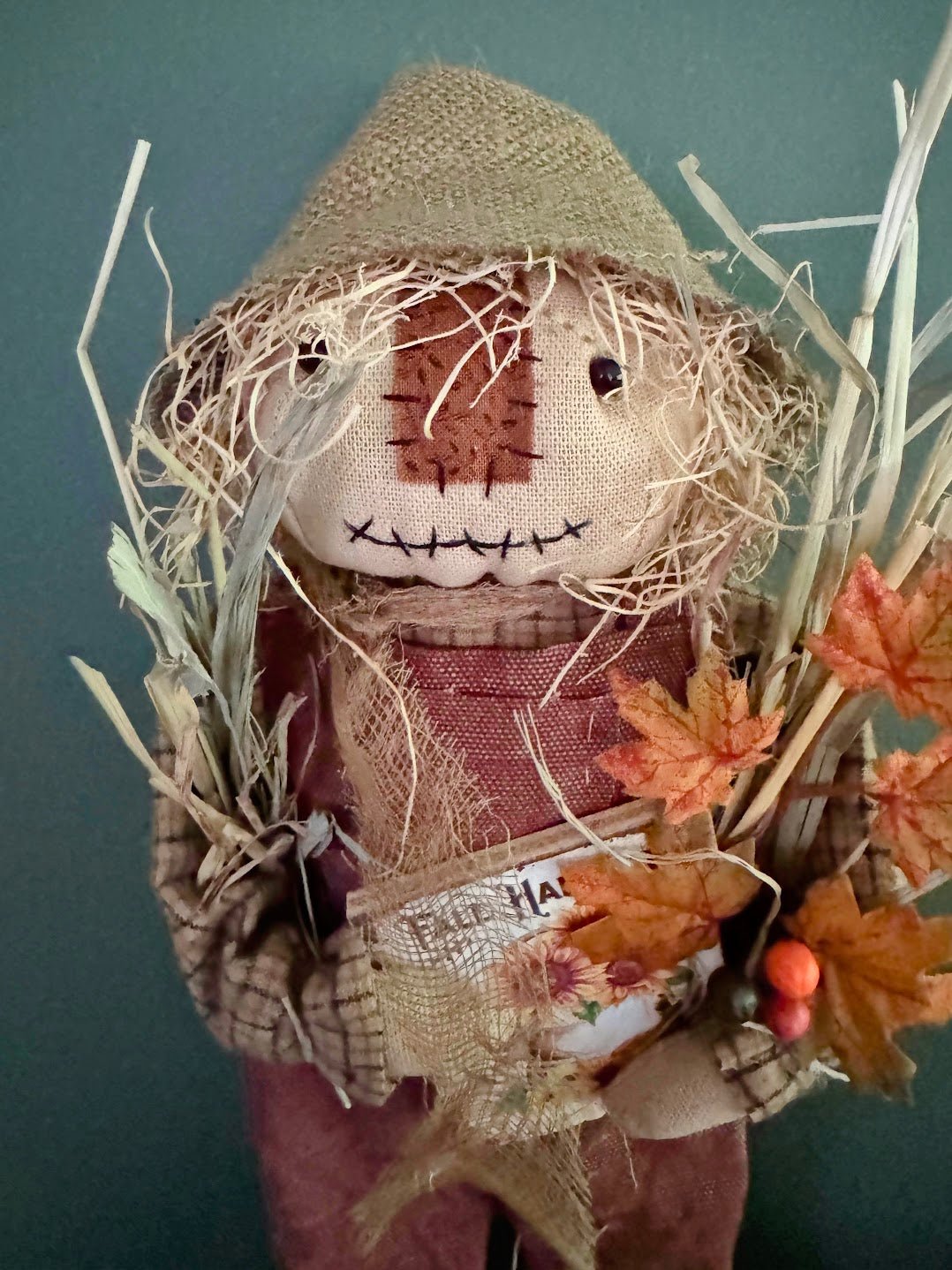 Primitive Folk Art USA Fall Boy Scarecrow on Stand w/ Beige Fall Harvest Sign 15" - The Primitive Pineapple Collection