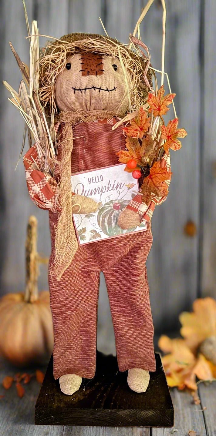 Primitive Folk Art USA Fall Boy Scarecrow on Stand w/Orange Fall Harvest Sign 15" - The Primitive Pineapple Collection