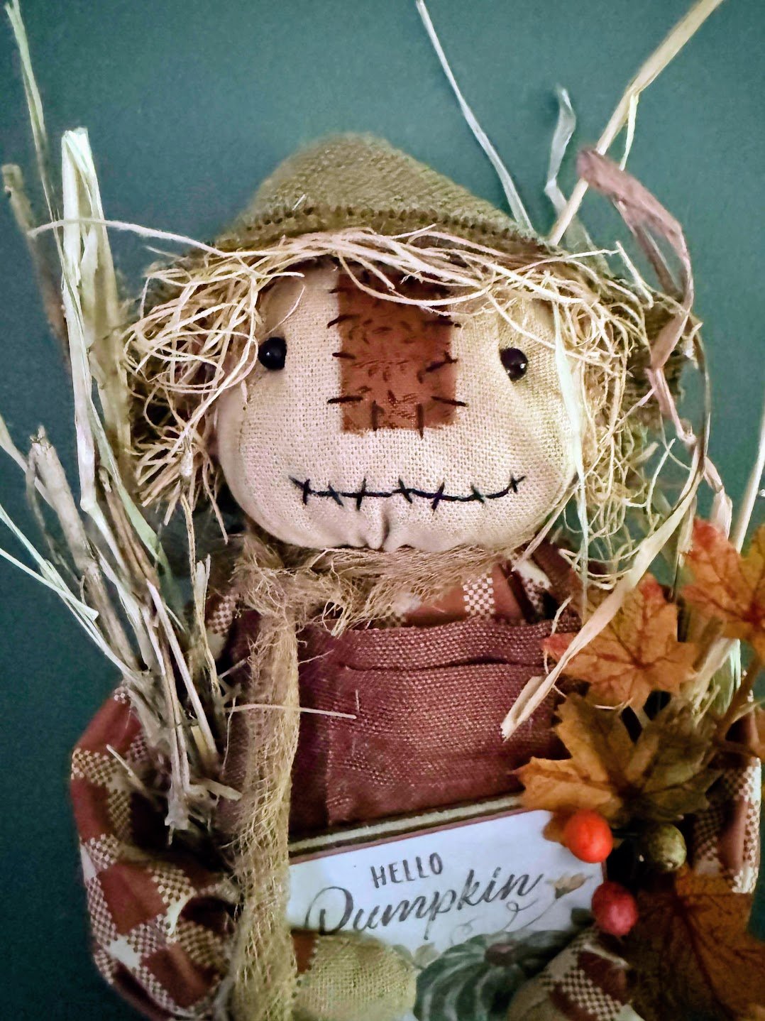 Primitive Folk Art USA Fall Boy Scarecrow on Stand w/Orange Fall Harvest Sign 15" - The Primitive Pineapple Collection