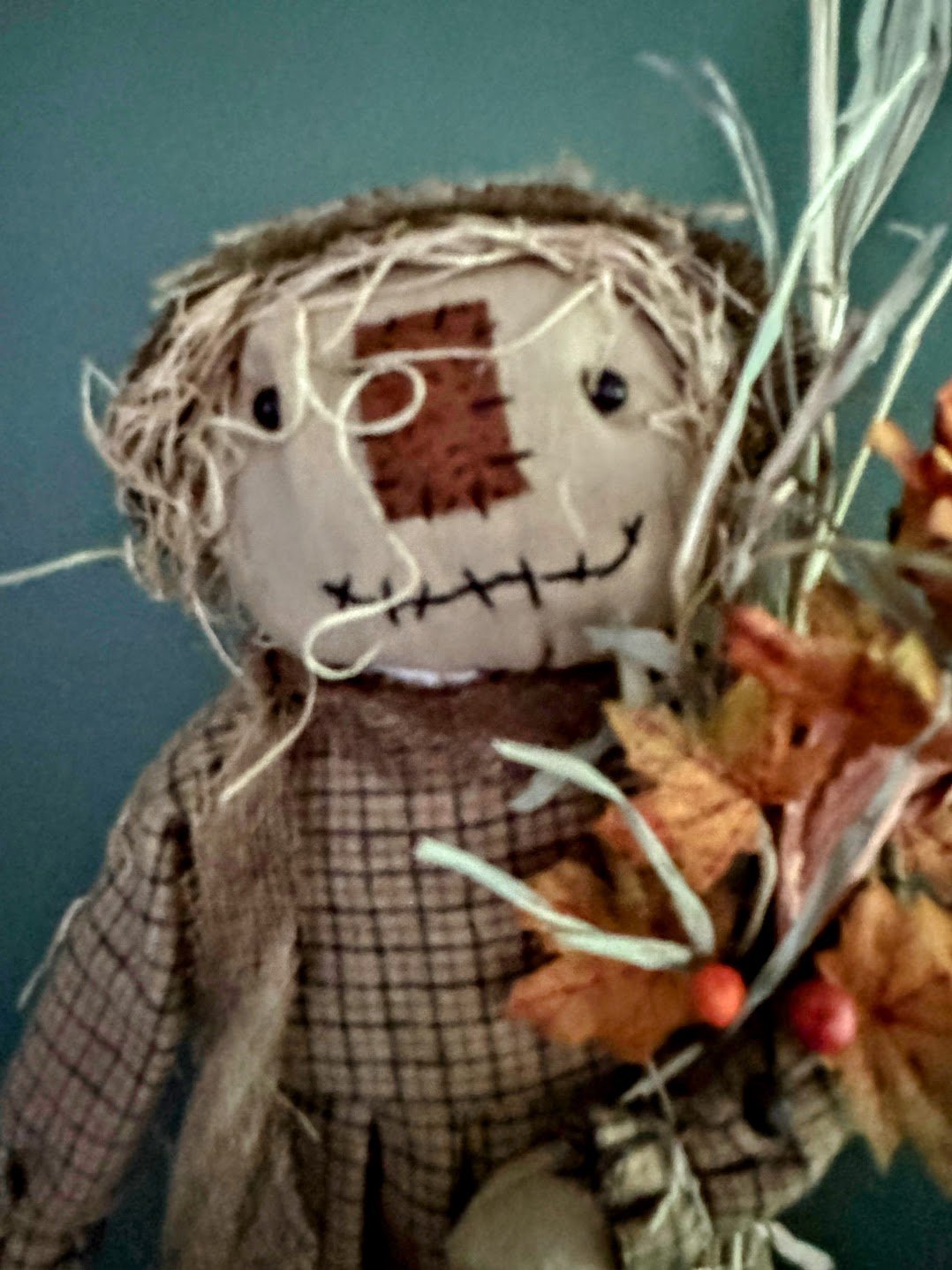 Primitive Folk Art USA Fall Girl Scarecrow on Stand w/ Beige Dress 15" - The Primitive Pineapple Collection