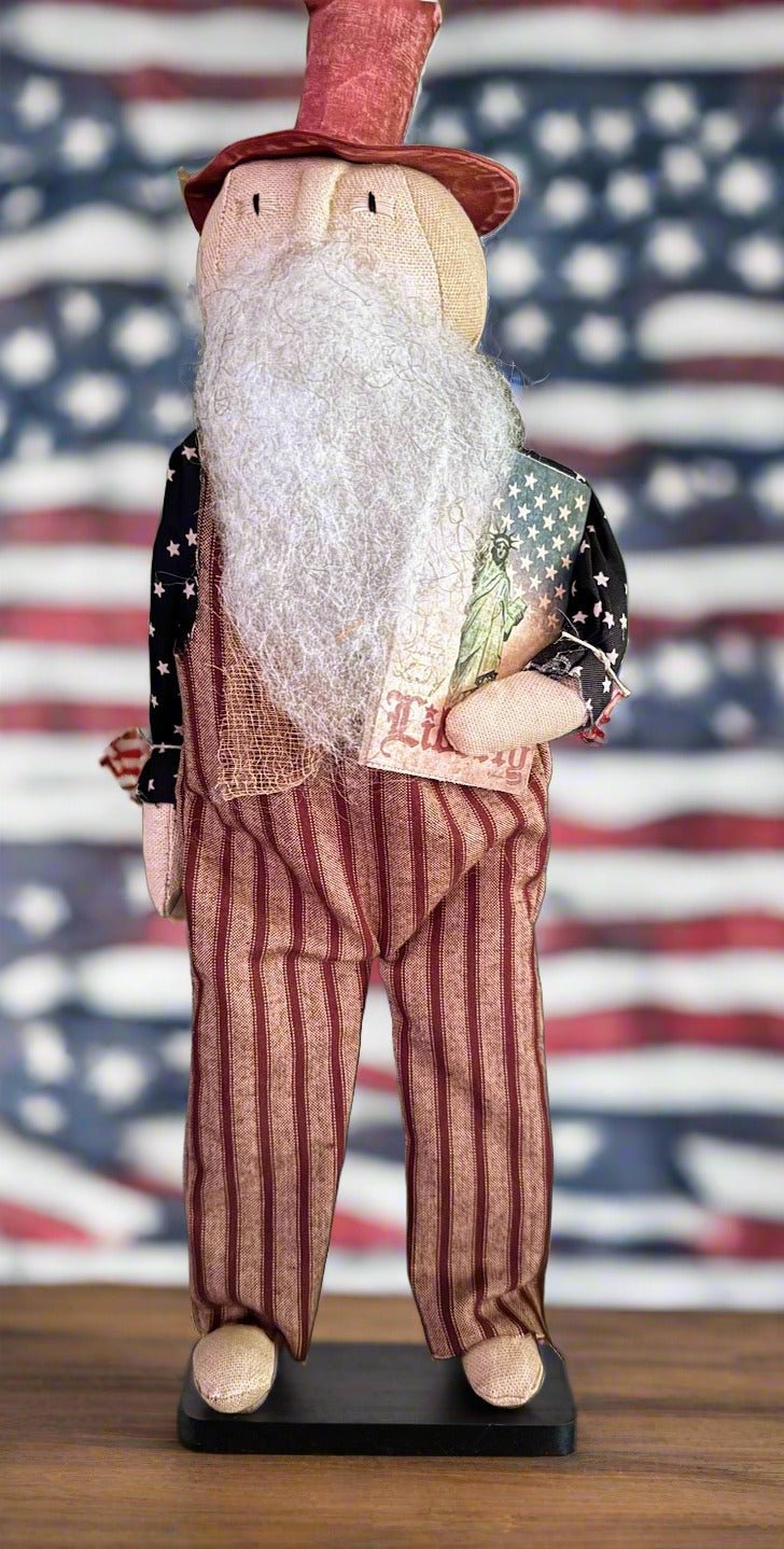 Primitive Folk Art USA Uncle Sam w/ Overalls on Stand Liberty 16" - The Primitive Pineapple Collection