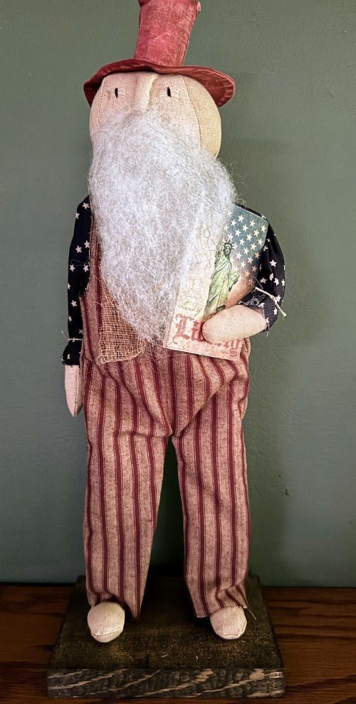 Primitive Folk Art USA Uncle Sam w/ Overalls on Stand Liberty 16" - The Primitive Pineapple Collection