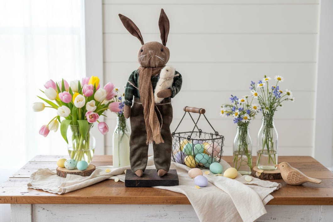 Primitive Folk Art USA Spring/Easter Bunny w/ Bunny Doll 18" - The Primitive Pineapple Collection