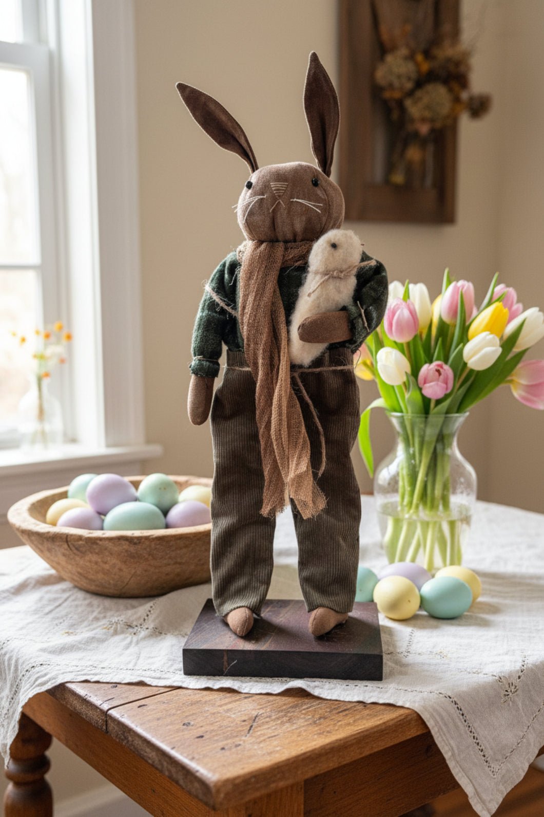 Primitive Folk Art USA Spring/Easter Bunny w/ Bunny Doll 18" - The Primitive Pineapple Collection