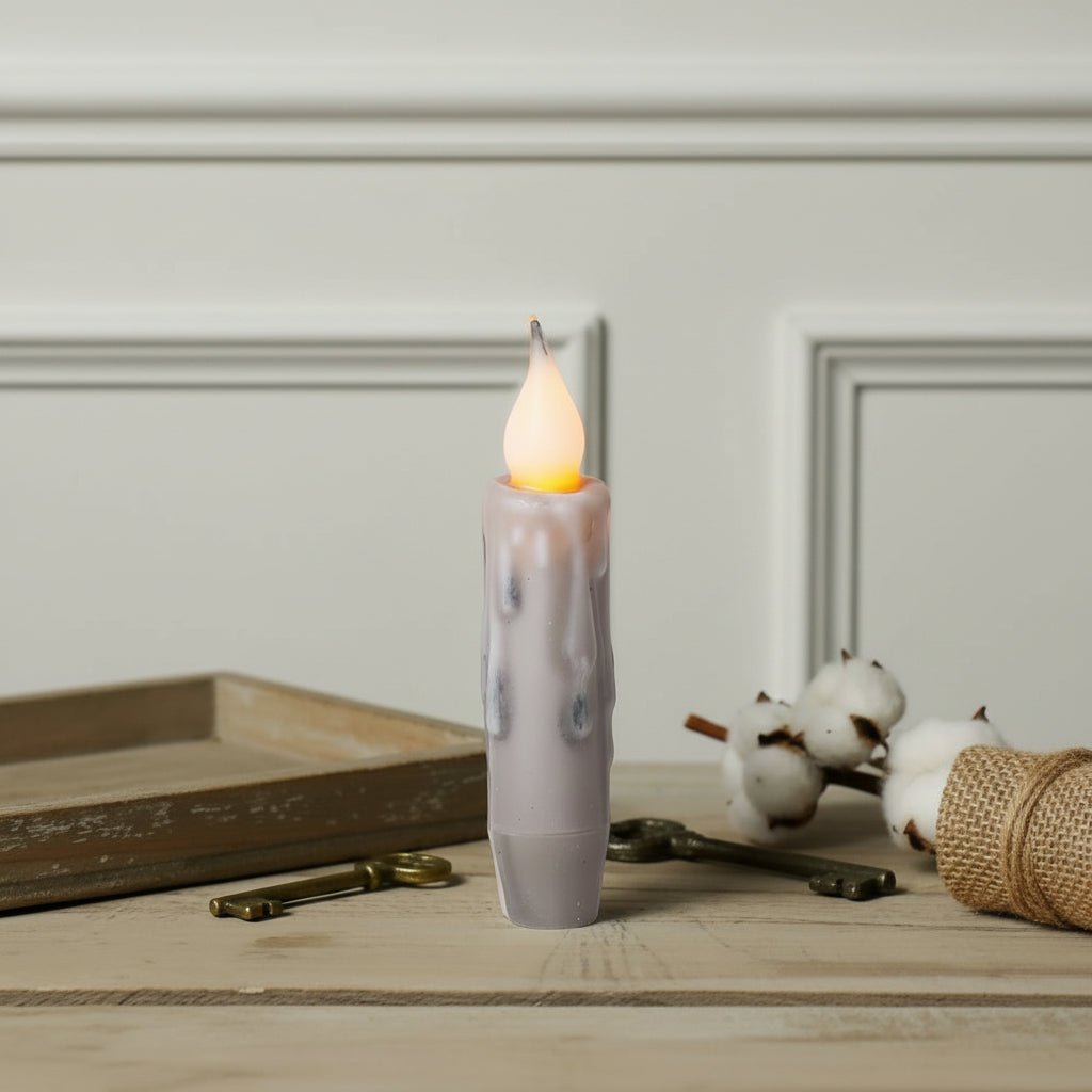 Primitive Grunged Gray Battery Taper Candle with Timer – Rustic Country Decor - The Primitive Pineapple Collection