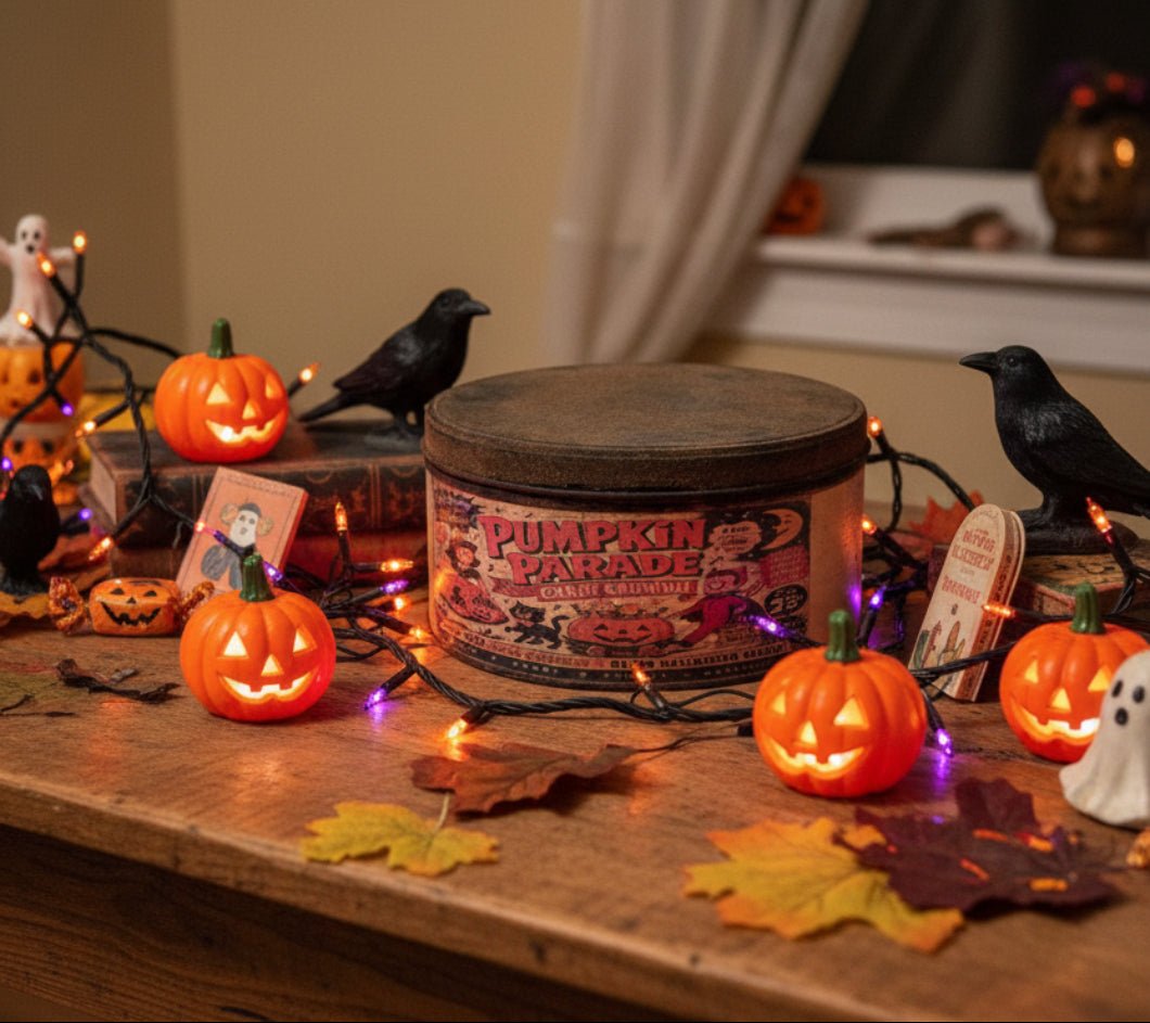 Primitive Halloween Handcrafted USA 7" Retro Pumpkin Parade Tin - The Primitive Pineapple Collection