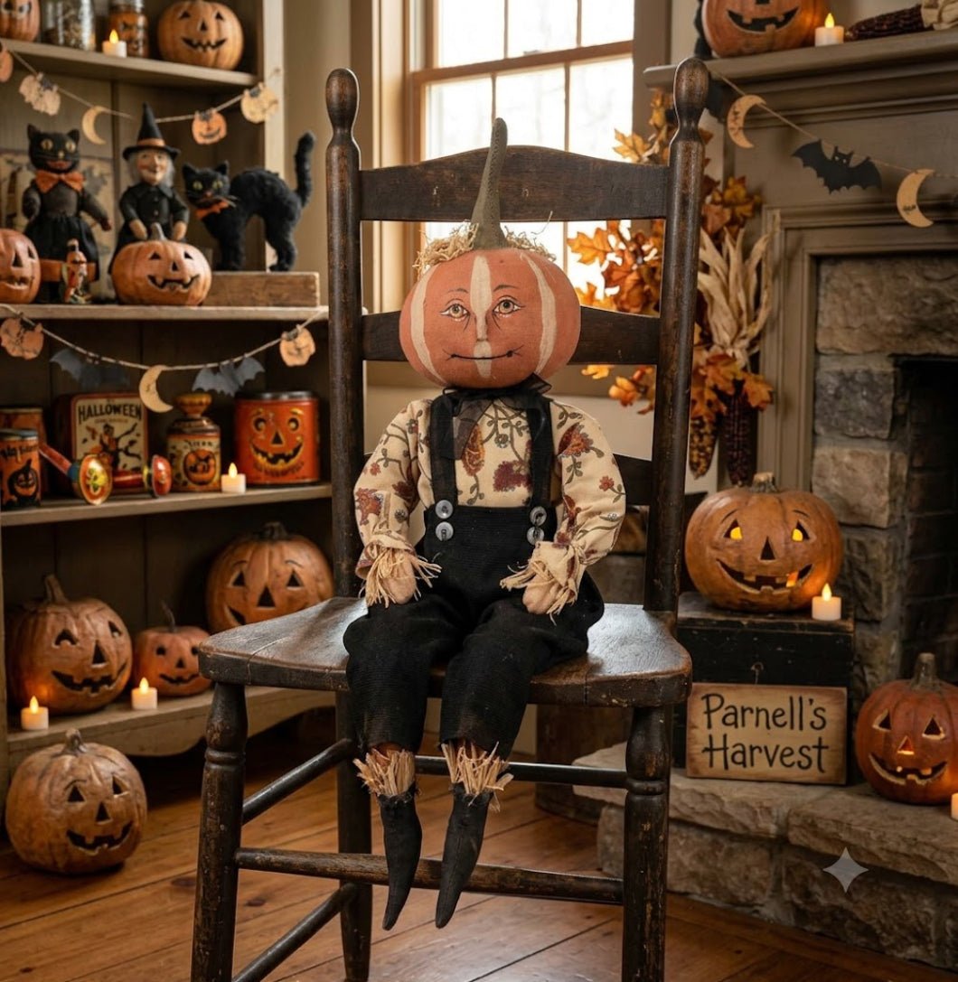 Halloween Folk Art Joe Spencer Parnell Pumpkin Head Boy - The Primitive Pineapple Collection
