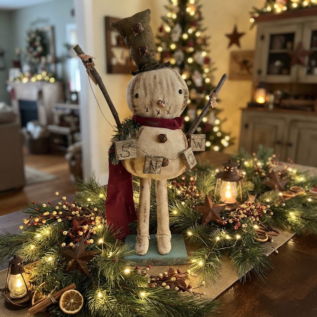 Primitive Handcrafted Phil Snowman with SNOW Banner | 23" Folk Art - The Primitive Pineapple Collection