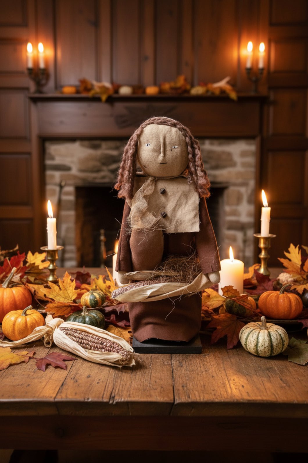 Primitive Handcrafted Thanksgiving Pilgrim Woman w/ Corn Doll on Stand 19" | Folk Art - The Primitive Pineapple Collection