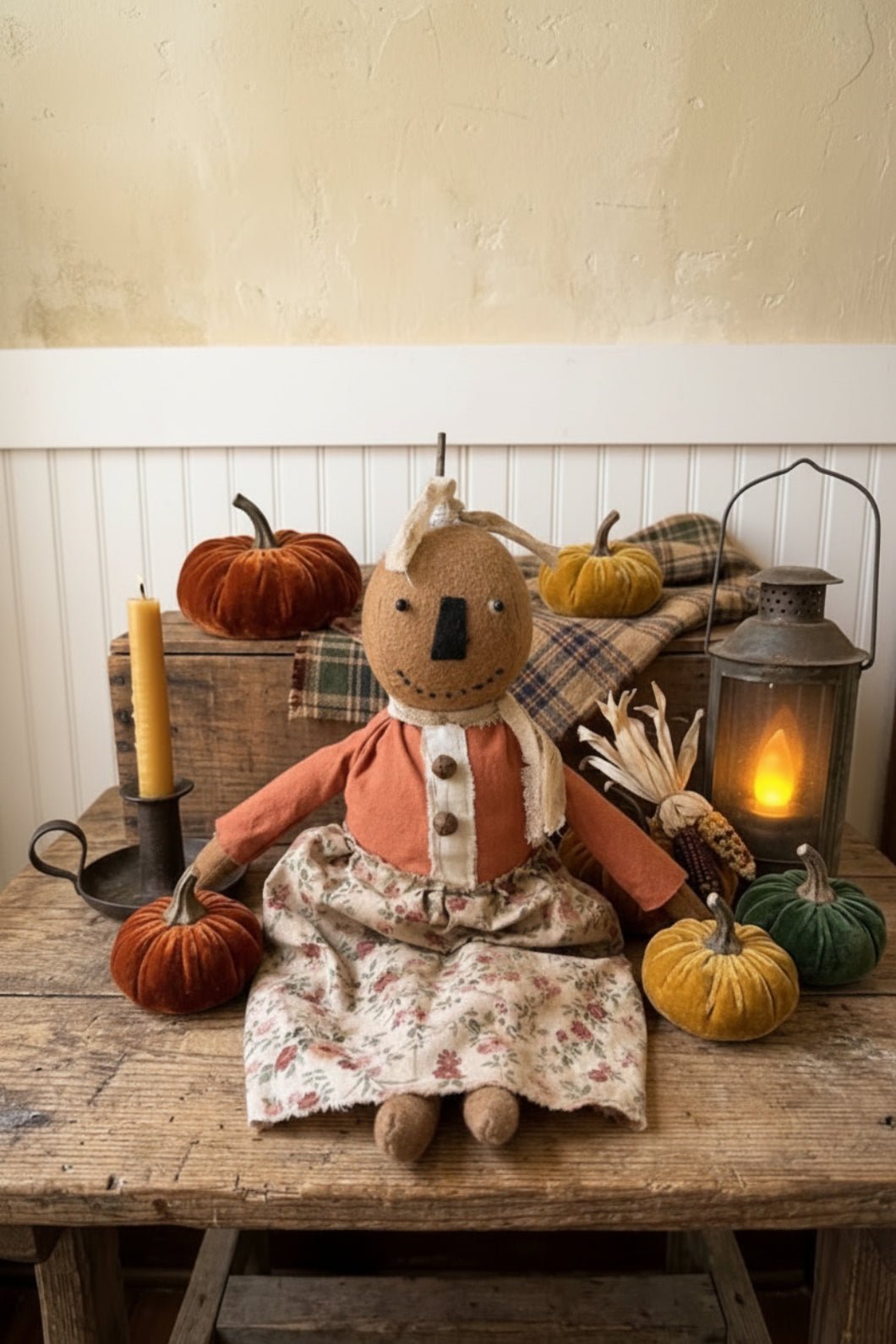 Primitive Fall Halloween Handcrafted 16" Poppy Pumpkin Girl Doll - The Primitive Pineapple Collection