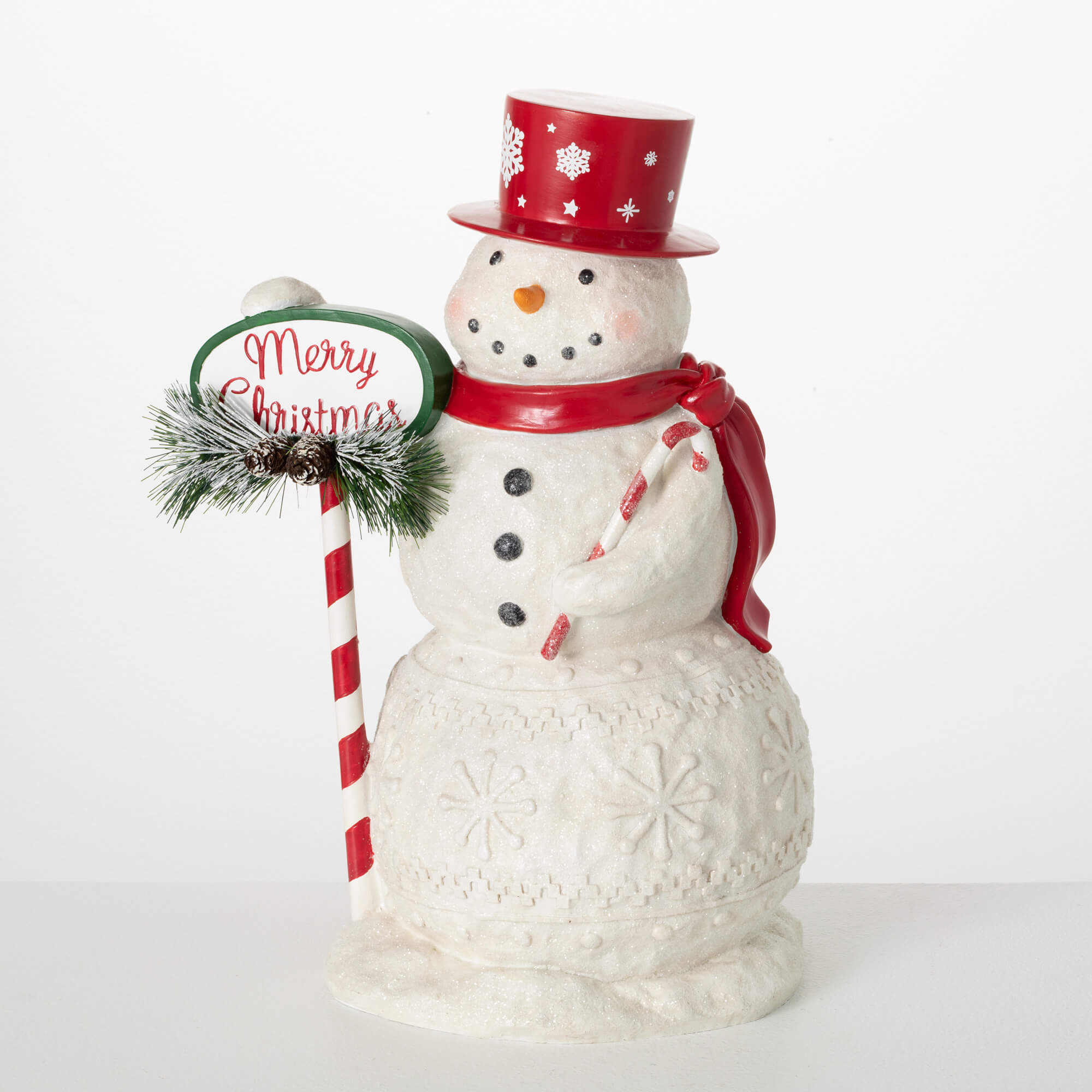Christmas Jolly Snowman Figurine w/ Candy Cane Sign 18" - The Primitive Pineapple Collection