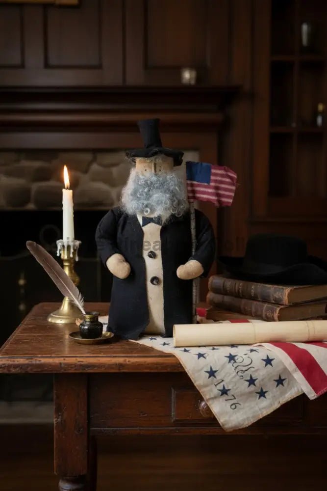 Primitive Handcrafted Patriotic Americana Abe Lincoln Stump Doll w/ Flag 12" - The Primitive Pineapple Collection