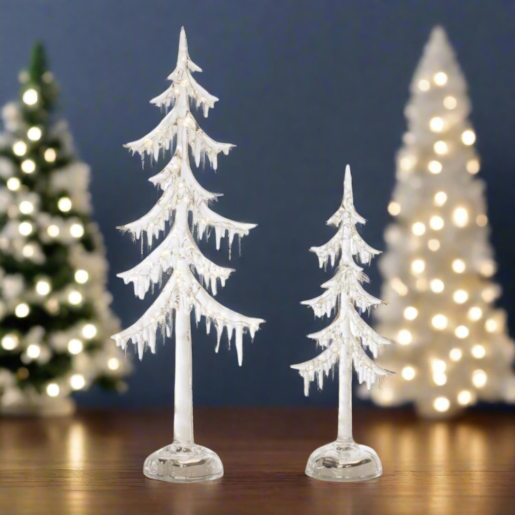 Christmas Retro Look 2 pc LED Holiday Icicle Tree 12"H, 18"H Clear Acrylic - The Primitive Pineapple Collection