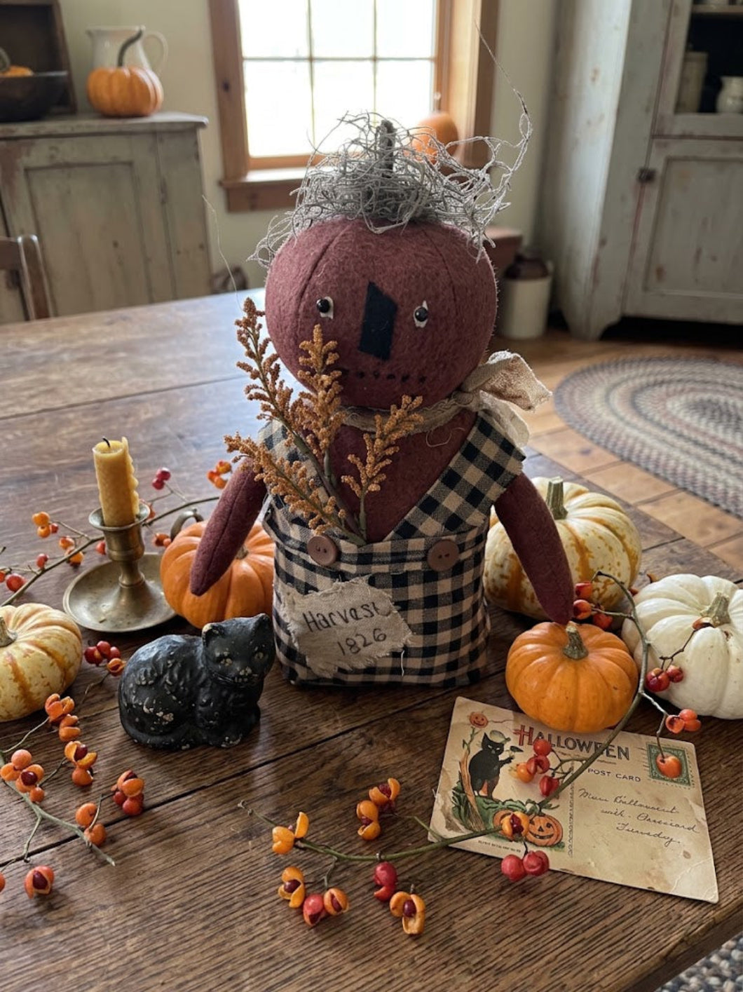 Primitive Fall Halloween Handcrafted 13" Peter Pumpkin Boy Stump Doll