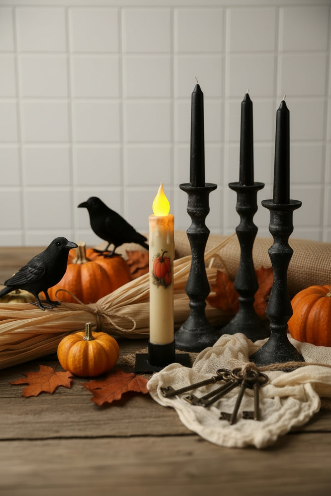 Primitive Handcrafted 7" Pumpkin Patch Battery Led Timer Taper Candle - The Primitive Pineapple Collection