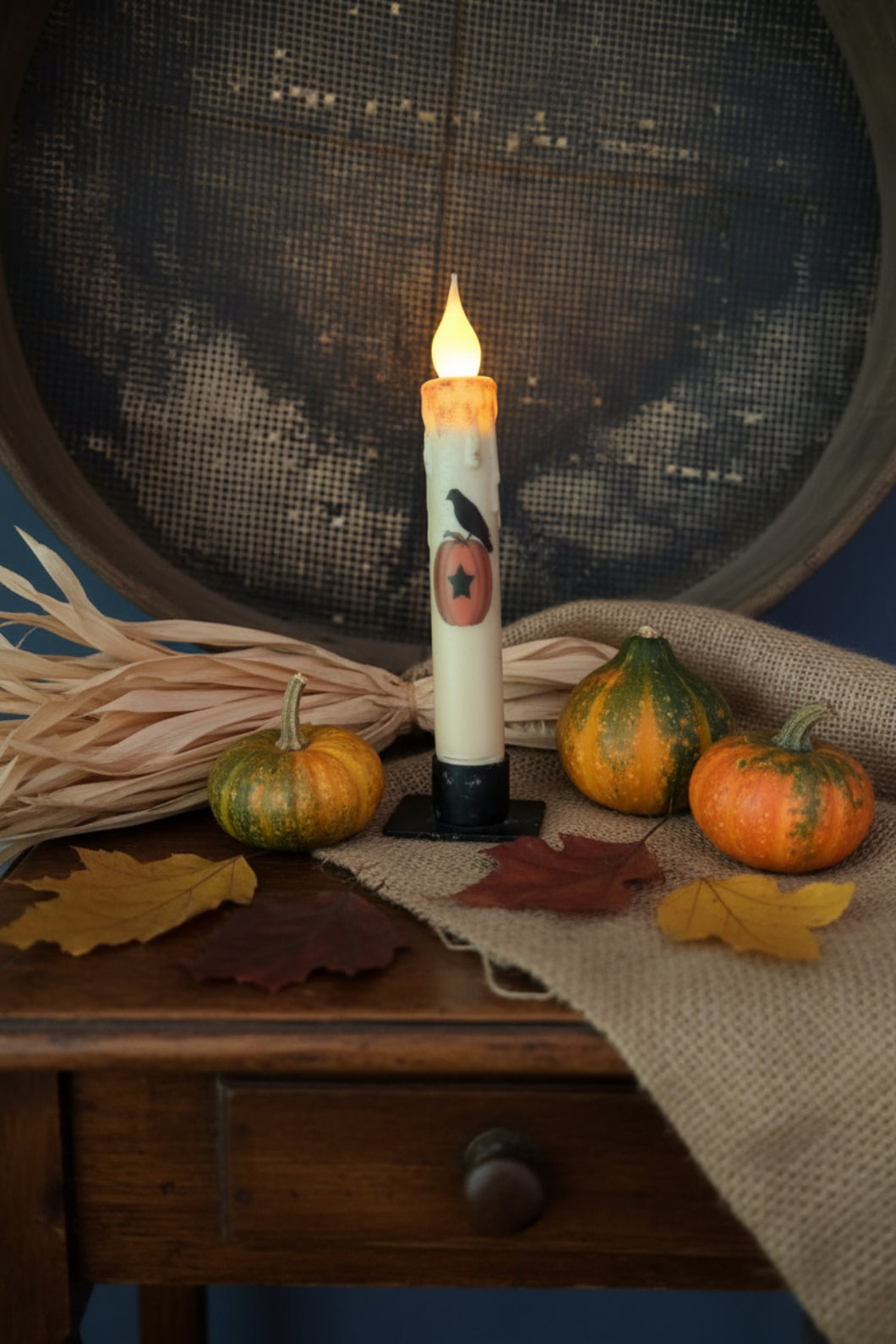 Primitive Handcrafted 7" Pumpkin W/Crow Battery Led Timer Taper Candle - The Primitive Pineapple Collection