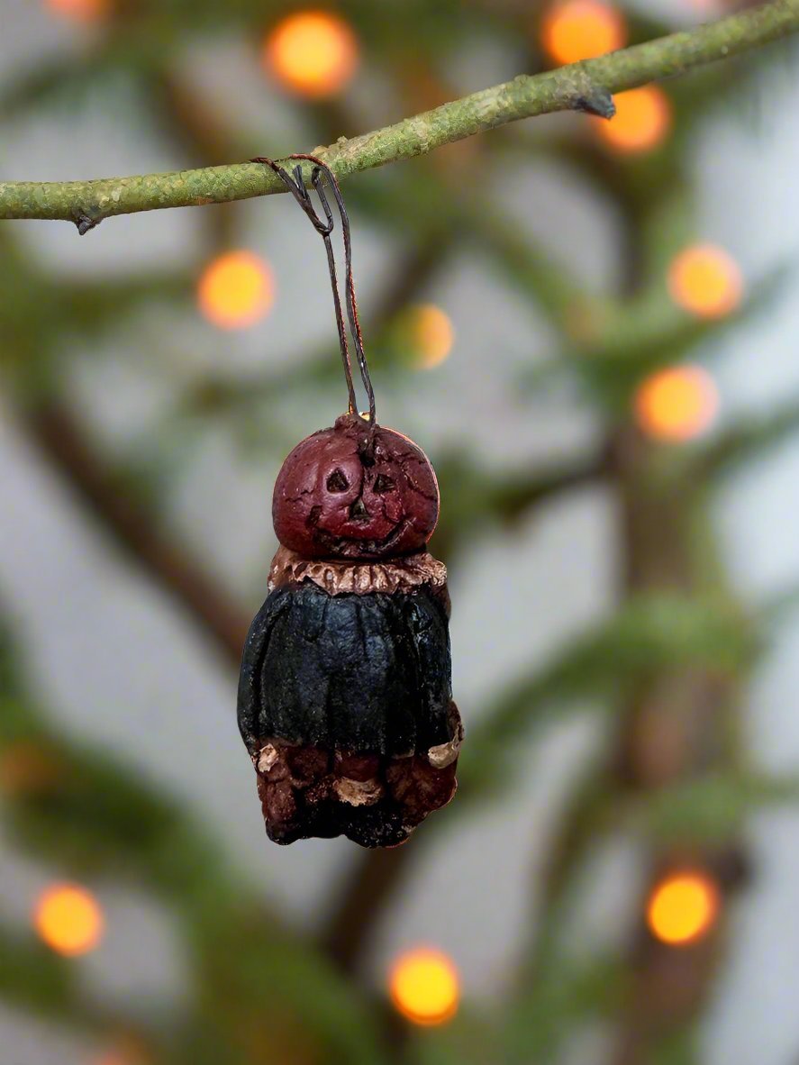Primitive Halloween Fall Handcrafted USA Pumpkin Girl Ornament 3" - The Primitive Pineapple Collection
