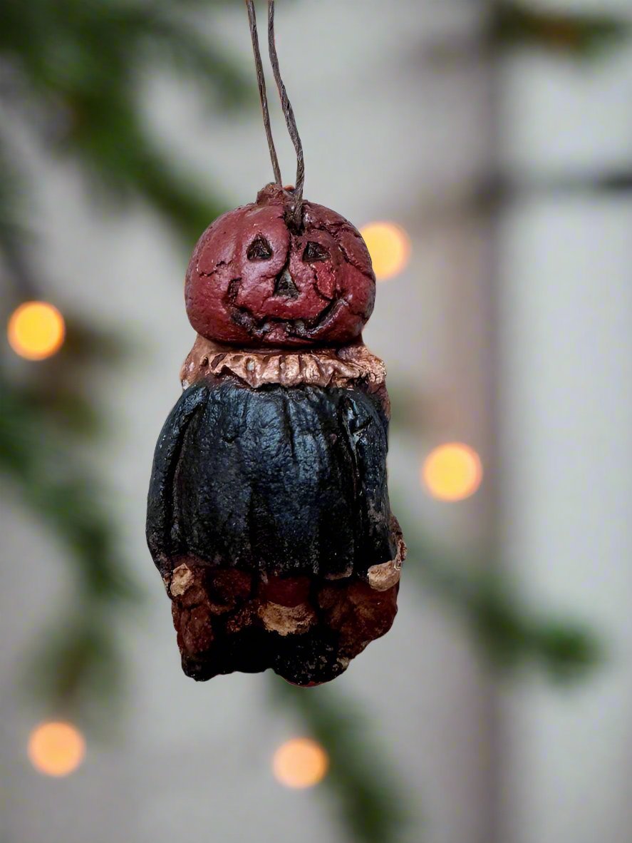 Primitive Halloween Fall Handcrafted USA Pumpkin Girl Ornament 3" - The Primitive Pineapple Collection