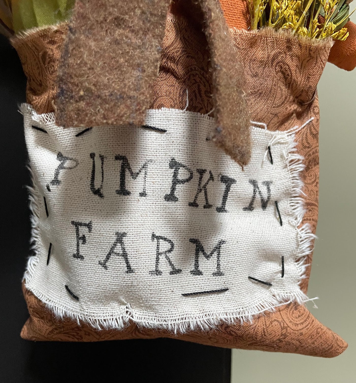 Primitive Handcrafted Halloween 12" Pumpkin Man in Hanging Fabric Pouch - The Primitive Pineapple Collection